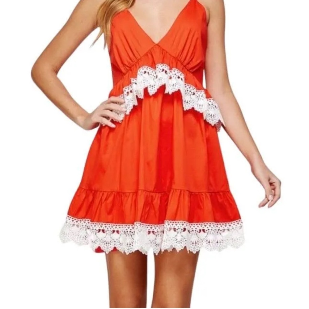 Strut & Bolt Brand Red Orange Mini Sundress with White Lace.
